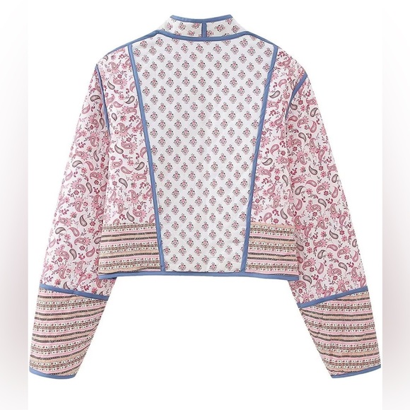 Cropped Puffer Jacket Stand Collar Floral Printed Open Front Quilted Lightweight - Picture 11 of 15